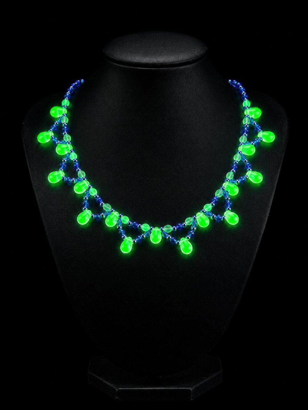 Handcrafted Uranium Glass Beaded Necklace Blue and Yellow-Green Glows UV 18"